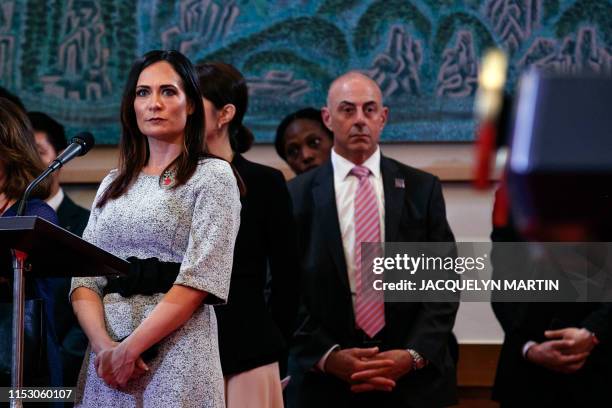 White House press secretary Stephanie Grisham attends a news conference with US President Donald Trump and South Korean President Moon Jae-in at the...