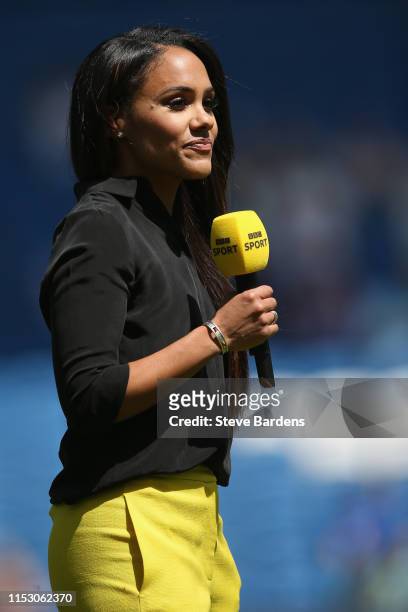 Presenter and ex Arsenal Ladies player Alex Scott is seen prior to the International Friendly between England Women and New Zealand Women at Amex...