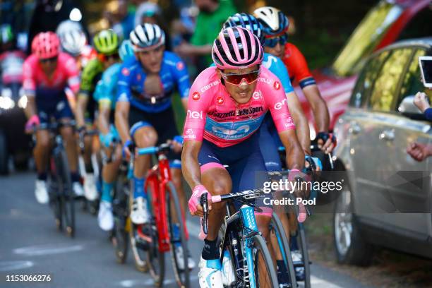 Vincenzo Nibali of Italy and Team Bahrain - Merida / Richard Carapaz of Ecuador and Movistar Team Pink Leader Jersey / Mikel Landa Meana of Spain and...