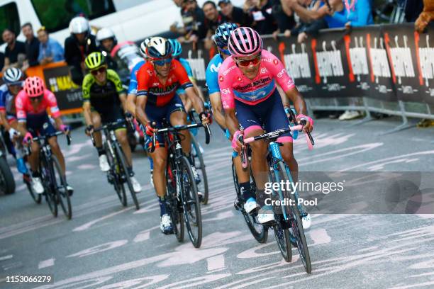 Vincenzo Nibali of Italy and Team Bahrain - Merida / Richard Carapaz of Ecuador and Movistar Team Pink Leader Jersey / Mikel Landa Meana of Spain and...