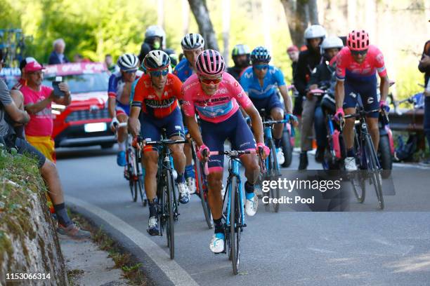 Vincenzo Nibali of Italy and Team Bahrain - Merida / Richard Carapaz of Ecuador and Movistar Team Pink Leader Jersey / Mikel Landa Meana of Spain and...