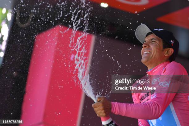 Podium / Richard Carapaz of Ecuador and Movistar Team Pink Leader Jersey / Celebration / Champagne / during the 102nd Giro d'Italia 2019, Stage 20 a...