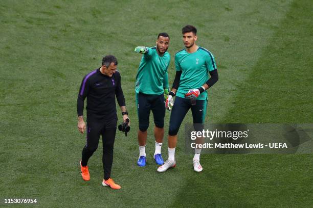 Michel Vorm of Tottenham Hotspur points as Paulo Gazzaniga of Tottenham Hotspur looks on prior to the UEFA Champions League Final between Tottenham...