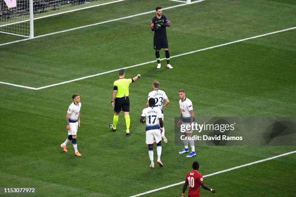 Referee Damir Skomina awards a penalty during the UEFA Champions League Final between Tottenham Hotspur and Liverpool at Estadio Wanda Metropolitano...