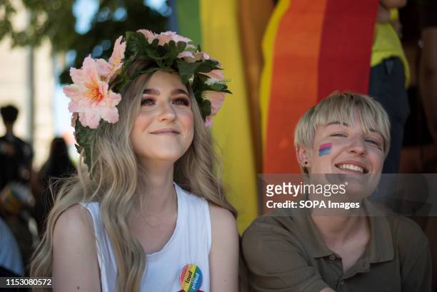 Two women seen during the Pride parade. About 800 people came out at the first Pride parade held in Maribor on Saturday. Maribor is the second...