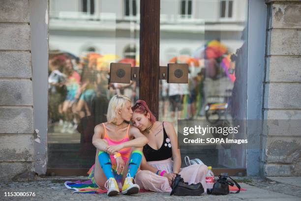 Two women are seen hugging during the Pride parade. About 800 people came out at the first Pride parade held in Maribor on Saturday. Maribor is the...