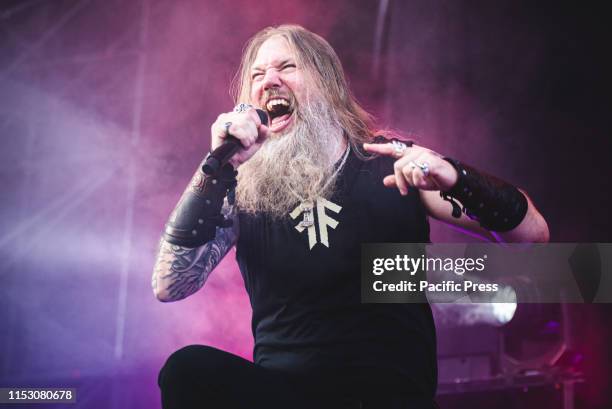 Johan Hegg, singer of the Swedish melodic death metal band Amon Amarth, performing live on stage in Bologna, at the Bologna Sonic Park 2019 first...