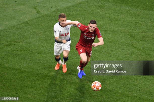 Andy Robertson of Liverpool clashes with Kieran Trippier of Tottenham Hotspur during the UEFA Champions League Final between Tottenham Hotspur and...