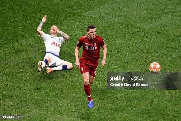 Andy Robertson of Liverpool clashes with Kieran Trippier of Tottenham Hotspur during the UEFA Champions League Final between Tottenham Hotspur and...
