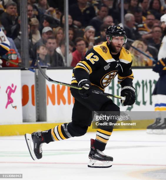David Backes of the Boston Bruins skates against the St. Louis Blues during Game Two of the 2019 NHL Stanley Cup Final at TD Garden on May 29, 2019...