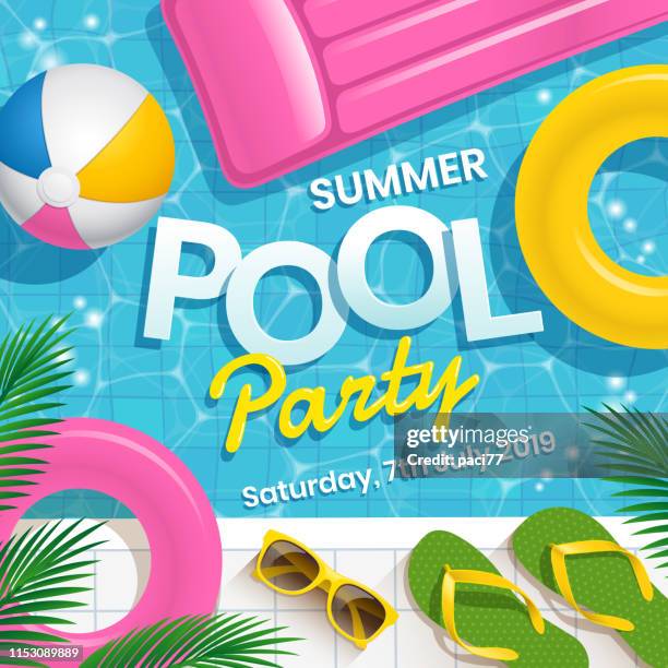 illustrations, cliparts, dessins animés et icônes de piscine party invitation vecteur illustration avec fond de vecteur de piscine d’eau. - soirée piscine