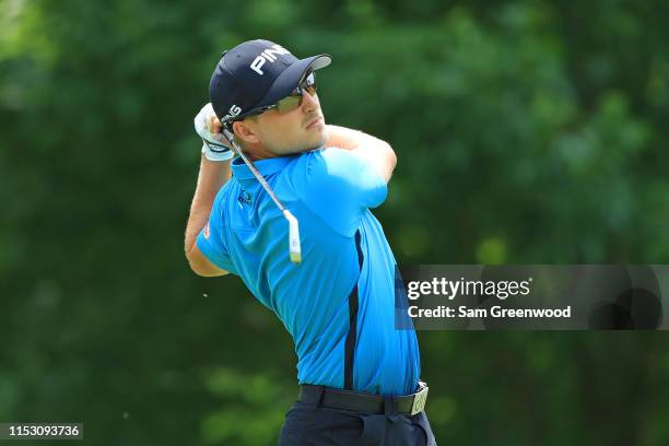 Austin Cook hits his tee shot on the fourth hole during the third round of The Memorial Tournament Presented by Nationwide at Muirfield Village Golf...