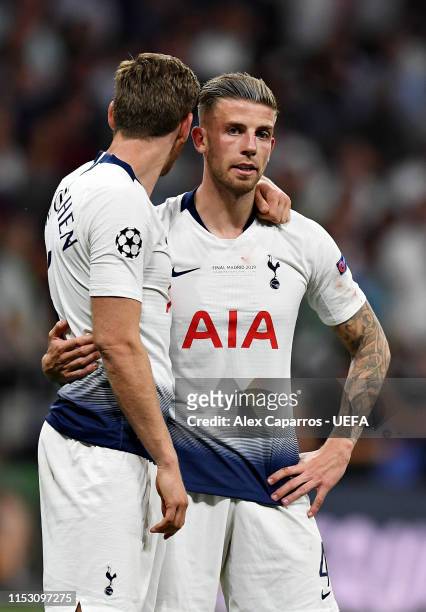 Jan Vertonghen of Tottenham Hotspur embraces teammate Toby Alderweireld after the UEFA Champions League Final between Tottenham Hotspur and Liverpool...