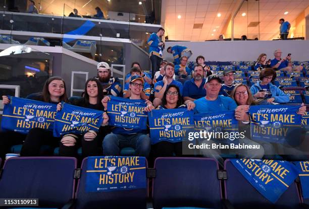 Kraft Heinz contest winners pose together before Game Three of the 2019 NHL Stanley Cup Final between the Boston Bruins and the St. Louis Blues at...