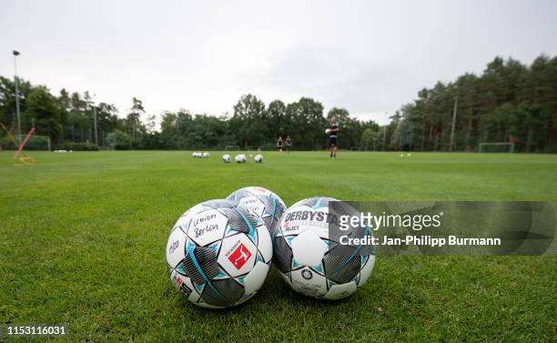 Derbystar soccer balls during the sports training camp at Waldstadion on July 1, 2019 in Bad Saarow, Germany.