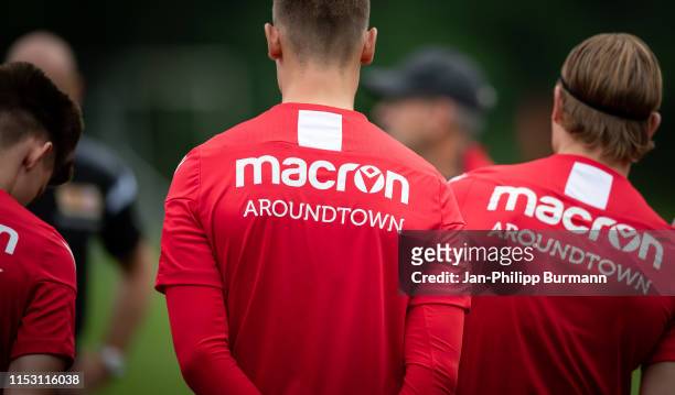 Macron Aroundtown advertisement on the tricot during the sports training camp at Waldstadion on July 1, 2019 in Bad Saarow, Germany.