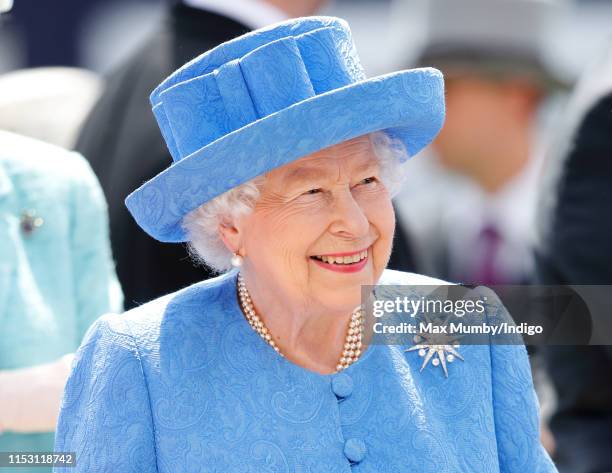 Queen Elizabeth II attends 'Derby Day' of the Investec Derby Festival at Epsom Racecourse on June 1, 2019 in Epsom, England.