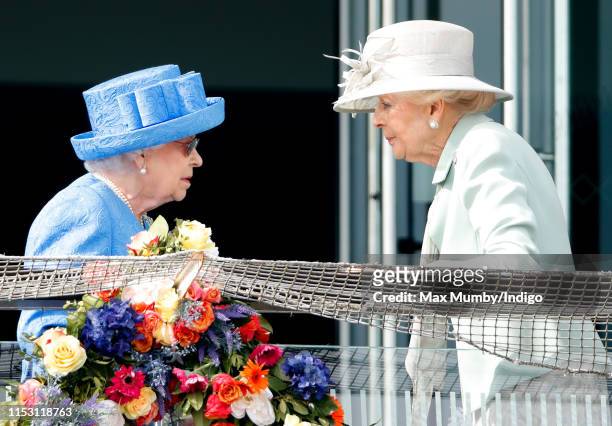 Queen Elizabeth II and Princess Alexandra attend 'Derby Day' of the Investec Derby Festival at Epsom Racecourse on June 1, 2019 in Epsom, England.