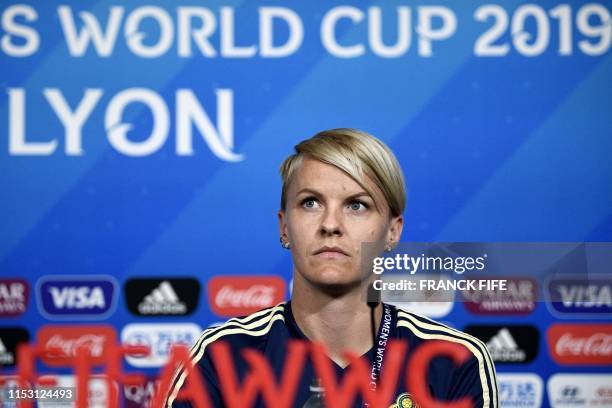 Sweden's defender Nilla Fischer gives a press conference at the Groupama stadium in Lyon, on July 1 during the France 2019 football Women's World...