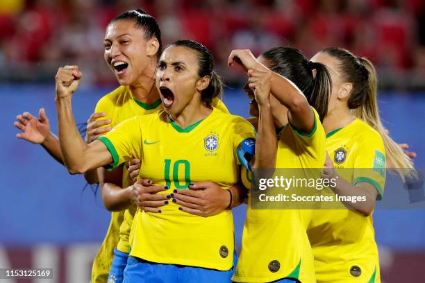 Marta of Brazil Women celebrates 0-1 with Debinha of Brazil Women, Andressinha of Brazil Women during the World Cup Women match between Italy v...