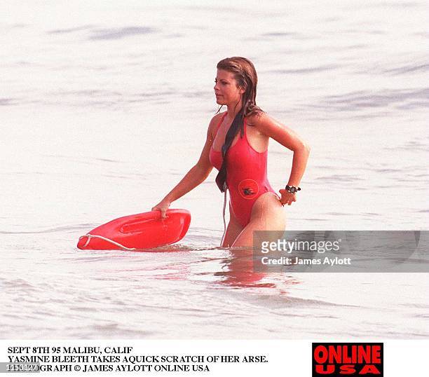 Actress Yasmine Bleeth during filming of Baywatch September 8, 1985 in Malibu, California.
