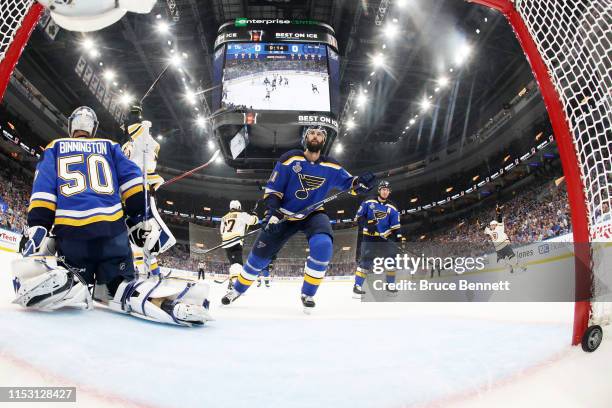 Jordan Binnington of the St. Louis Blues allows a first period goal to Patrice Bergeron of the Boston Bruins in Game Three of the 2019 NHL Stanley...