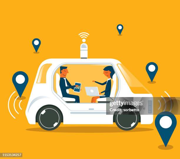 autonomes selbstfahrendes auto-geschäftsleute - autonome technologie stock-grafiken, -clipart, -cartoons und -symbole