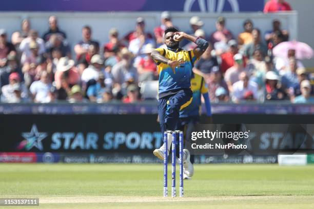 Isuru Udana of Sri Lanka bowling during the ICC Cricket World Cup 2019 match between Sri Lanka and West Indies at Emirates Riverside, Chester le...