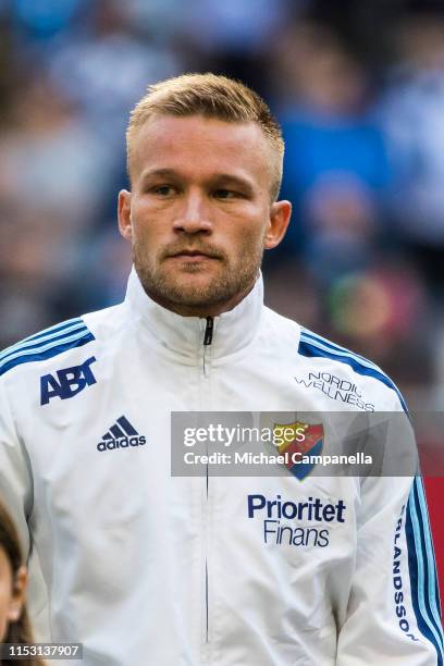 Nicklas Barkroth of Djurgardens IF during an Allsvenskan match between Djurgardens IF and Kalmar FF at Tele2 Arena on July 1, 2019 in Stockholm,...