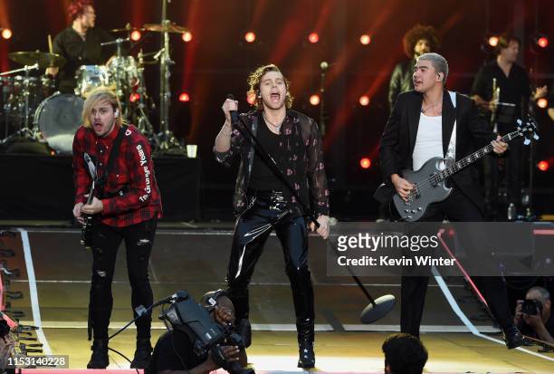 Michael Clifford, Luke Hemmings and Calum Hood of 5 Seconds of Summer perform onstage at 2019 iHeartRadio Wango Tango presented by The JUVÉDERM®...