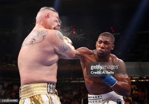Anthony Joshua punches Andy Ruiz Jr during their IBF/WBA/WBO heavyweight title fight at Madison Square Garden on June 01, 2019 in New York City.