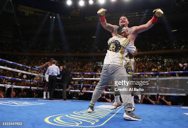 Andy Ruiz Jr celebrates his seventh round tko against Anthony Joshua after their IBF/WBA/WBO heavyweight title fight at Madison Square Garden on June...