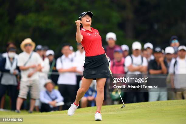 Yui Kawamoto of Japan celebrates her eagle on the 8th green during the final round of the Resorttrust Ladies at Grandi Hamanako Golf Club on June 2,...