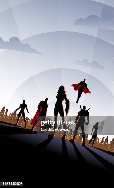 art deco woman-led superhero team with city skyline poster - samurai sword stock illustrations