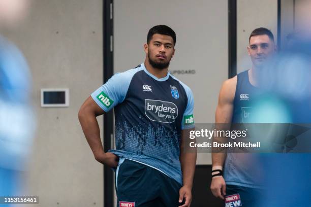 Payne Haas is pictured during a New South Wales Blues State of Origin training session at NSWRL Centre of Excellence Field on June 02, 2019 in...