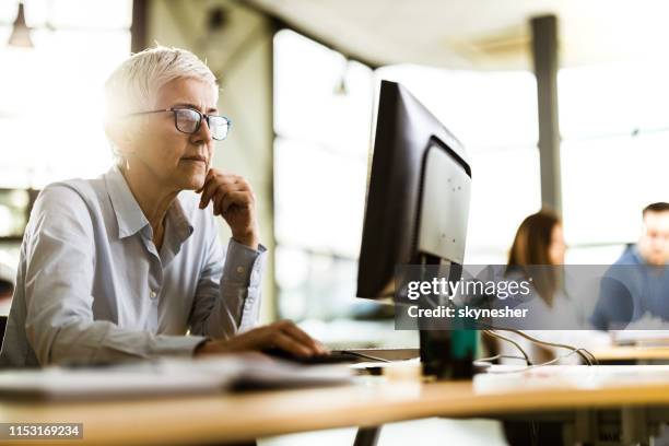 concentrated senior businesswoman working on pc in the office. - mature woman screen stock pictures, royalty-free photos & images