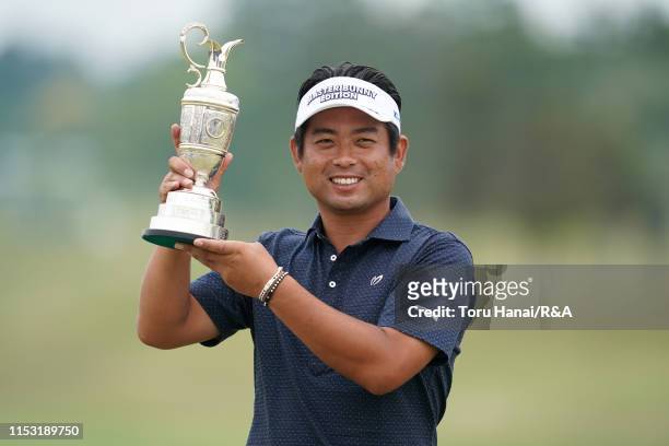 Yuta Ikeda of Japan poses with the trophy after winning after winning the Mizuno Open, part of The Open Qualifying Series at the Royal Golf Club on...