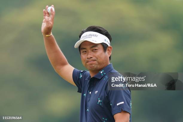Yuta Ikeda of Japan reacts after putting on the 15th green during the final round of the Mizuno Open, part of The Open Qualifying Series at the Royal...