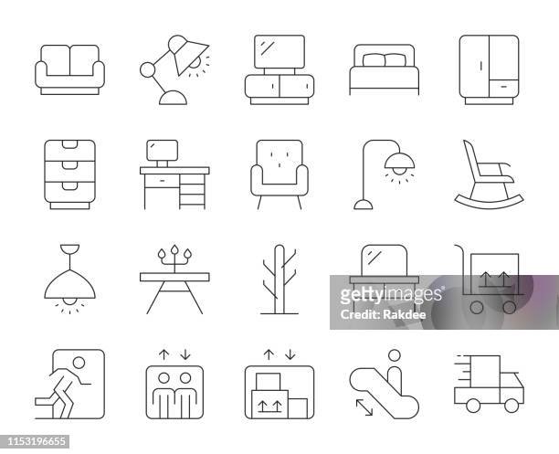 stockillustraties, clipart, cartoons en iconen met meubel outlet-dunne lijn iconen - meubelwinkel