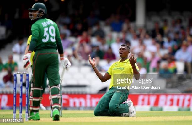 Lungi Ngidi of South Africa reacts to a chance going down off Soumya Sarkar of Bangladesh during the Group Stage match of the ICC Cricket World Cup...