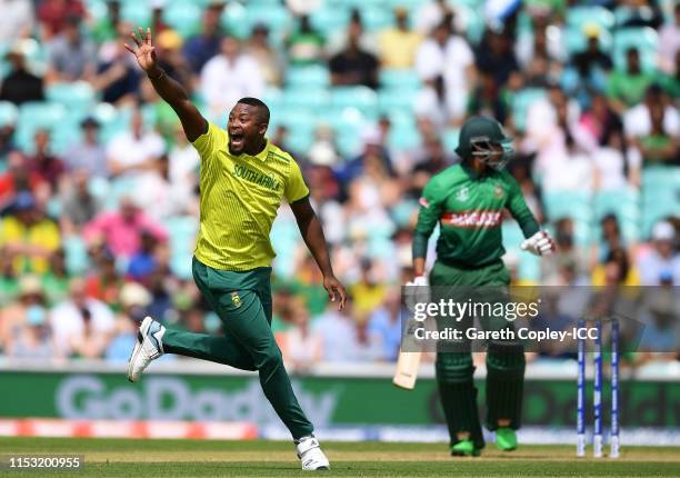 Andile Phehlukwayo of South Africa unsuccessfully appeals for the wicket of Soumya Sarkar of Bangladesh during the Group Stage match of the ICC...