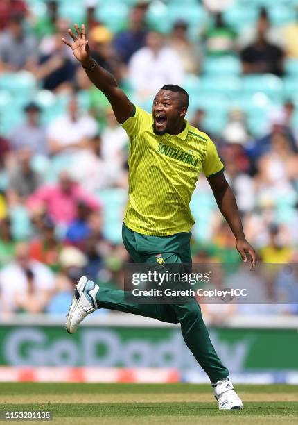 Andile Phehlukwayo of South Africa unsuccessfully appeals for the wicket of Soumya Sarkar of Bangladesh during the Group Stage match of the ICC...