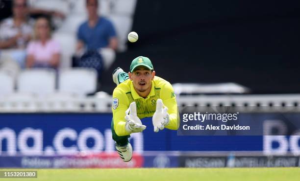 Quinton De Kock of South Africa takes the catch of Soumya Sarkar of Bangladesh during the Group Stage match of the ICC Cricket World Cup 2019 between...