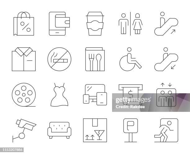 ilustrações de stock, clip art, desenhos animados e ícones de shopping mall - thin line icons - restroom sign