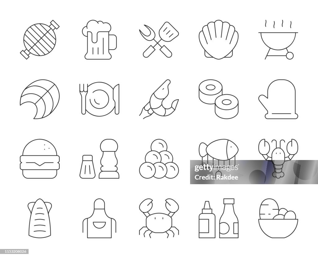 Seafood and Grilled - Thin Line Icons