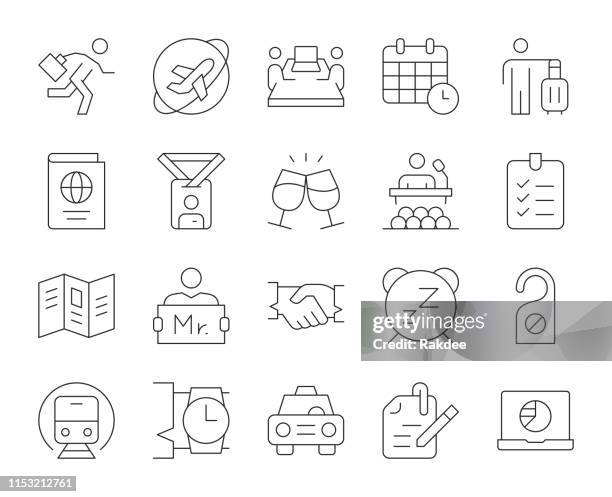 ilustraciones, imágenes clip art, dibujos animados e iconos de stock de viaje de negocios-iconos de línea delgada - visita