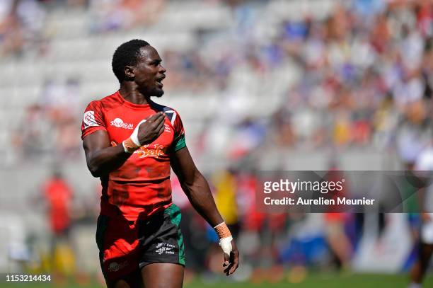 Nelson Oyoo of Kenya reacts during the match between the United states of America and Kenya at the HCSB Sevens, stage of the Rugby Sevens World...