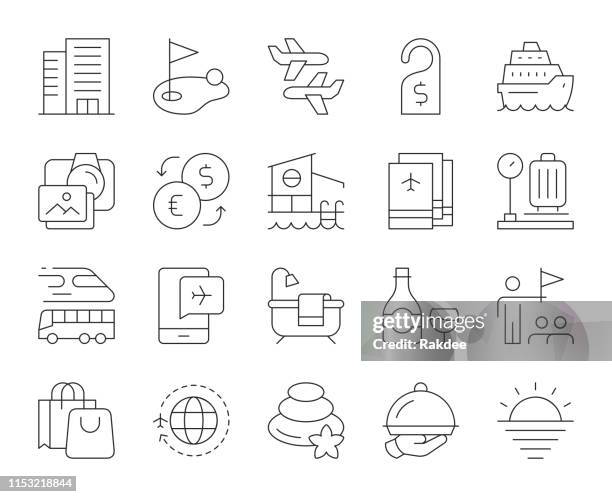 business travel - thin line icons - bullet train stock illustrations