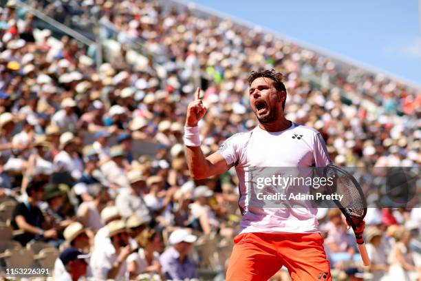 Stan Wawrinka of Switzerland celebrates during his mens singles fourth round match against Stefanos Tsitsipas of Greece during Day eight of the 2019...