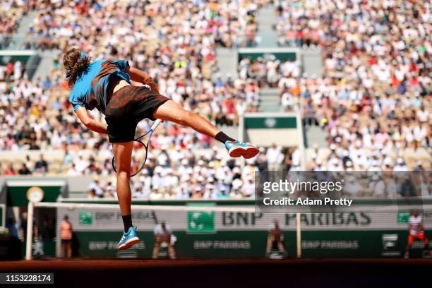 Stefanos Tsitsipas of Greece serves during his mens singles fourth round match against Stan Wawrinka of Switzerland during Day eight of the 2019...
